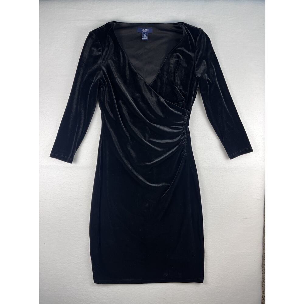 CHAPS Black Velvet Faux Wrap Dress Women’s Size 4 Ruched Stretch 3/4 Sleeve